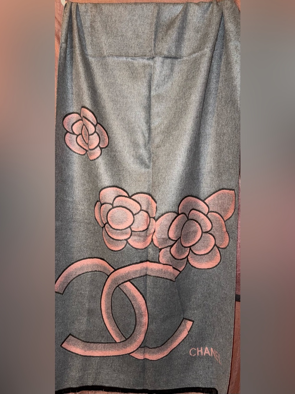 Vintage Chanel Cashmere/Silk Blend CC Logo Camellia Wrap in Grey/Pink 72”x26” - Picture 8 of 15